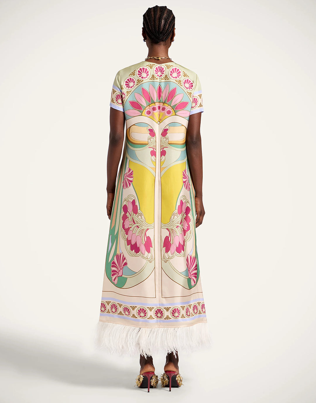 Swing Dress with Feathers - Pink Multi