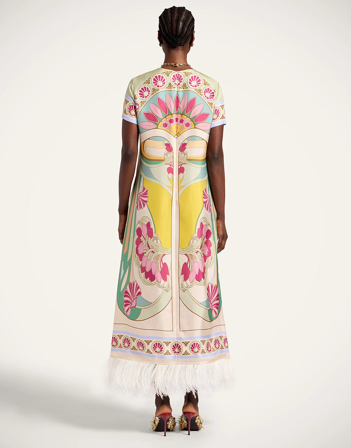 Swing Dress with Feathers - Pink Multi