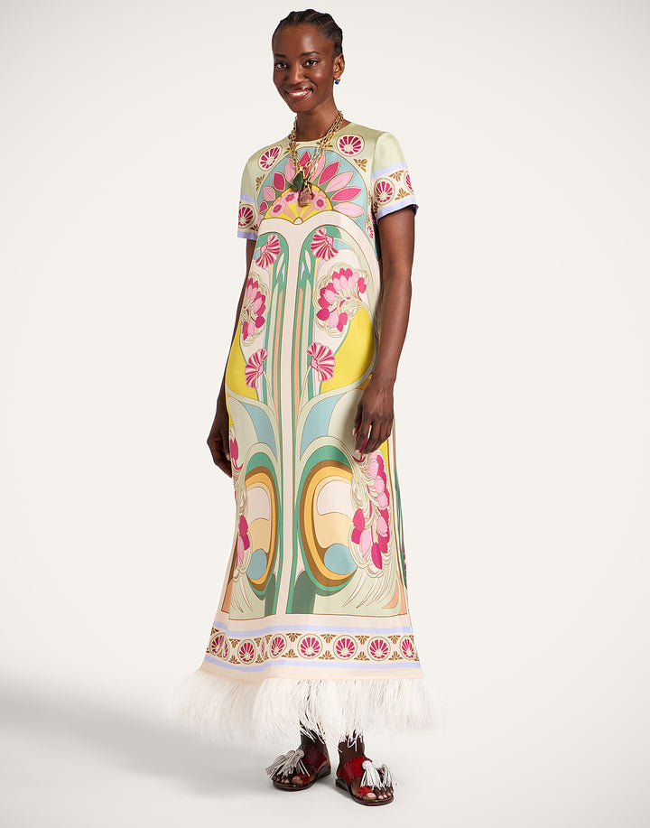 Swing Dress with Feathers - Pink Multi