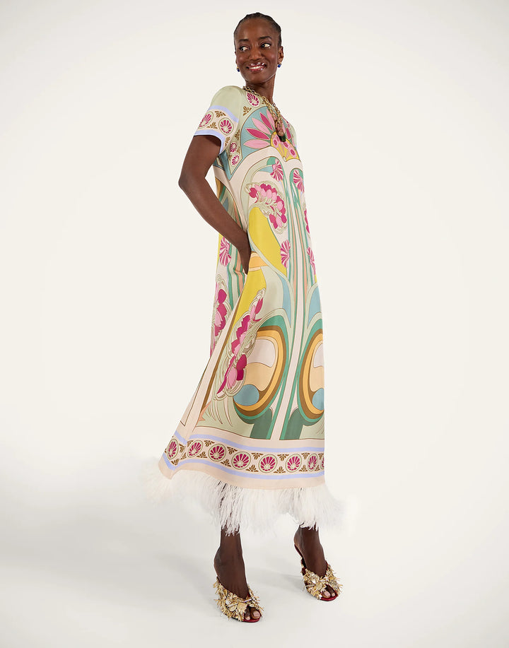Swing Dress with Feathers - Pink Multi