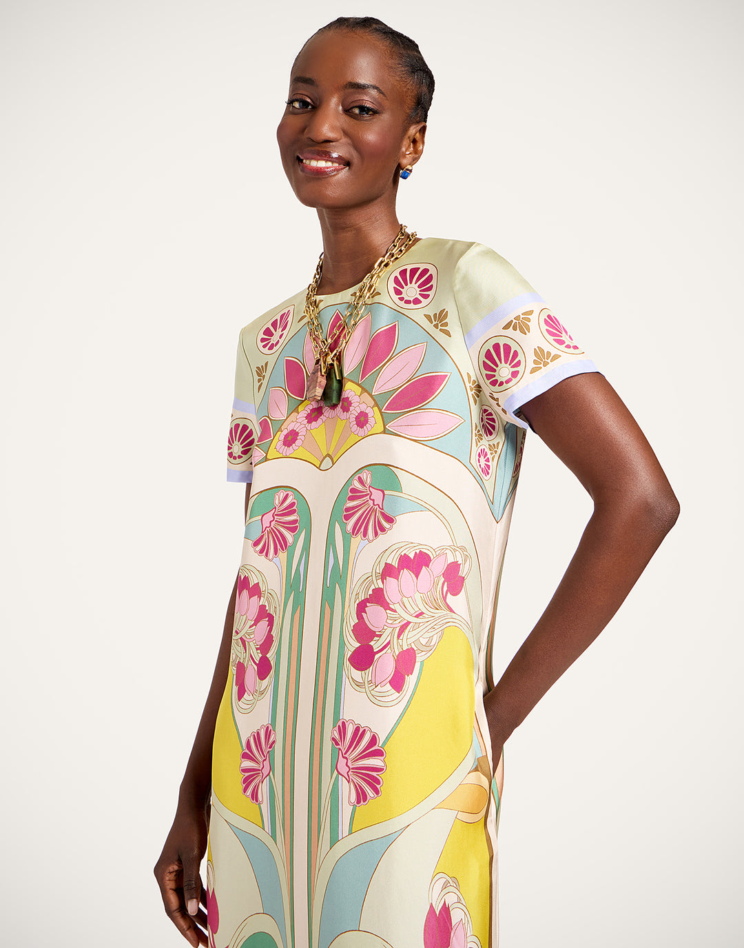 Swing Dress with Feathers - Pink Multi
