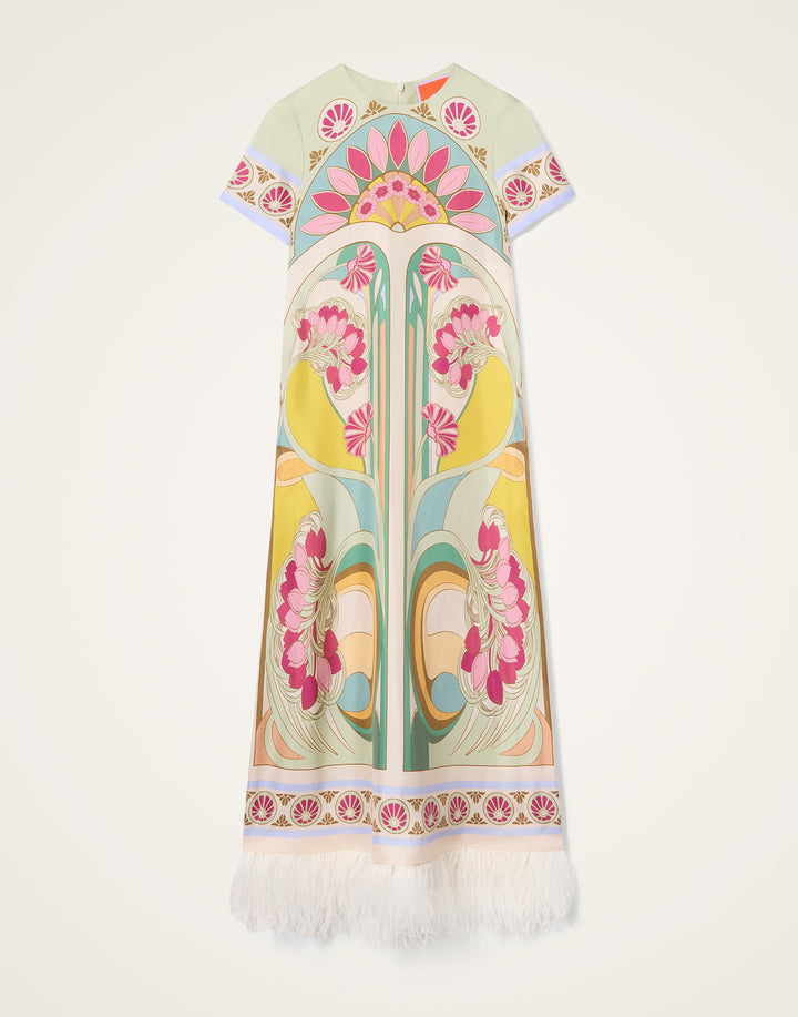 Swing Dress with Feathers - Pink Multi