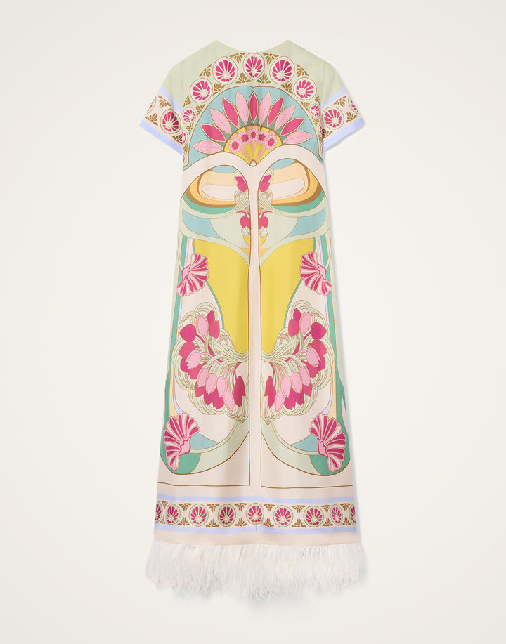 Swing Dress with Feathers - Pink Multi