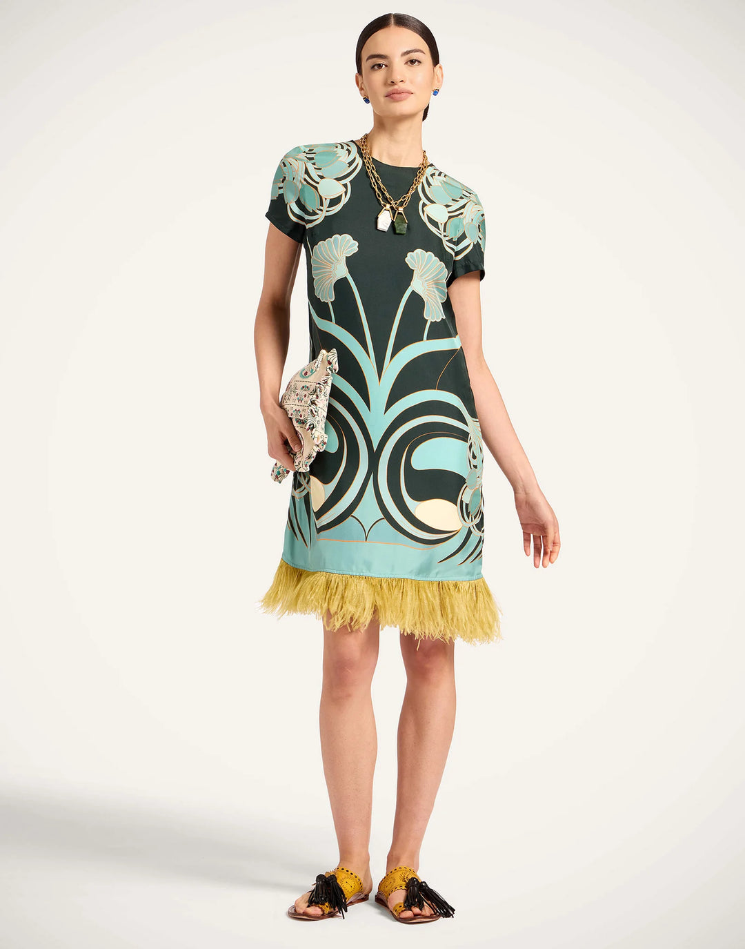 Mini Swing Dress with feathers - Blue Multi