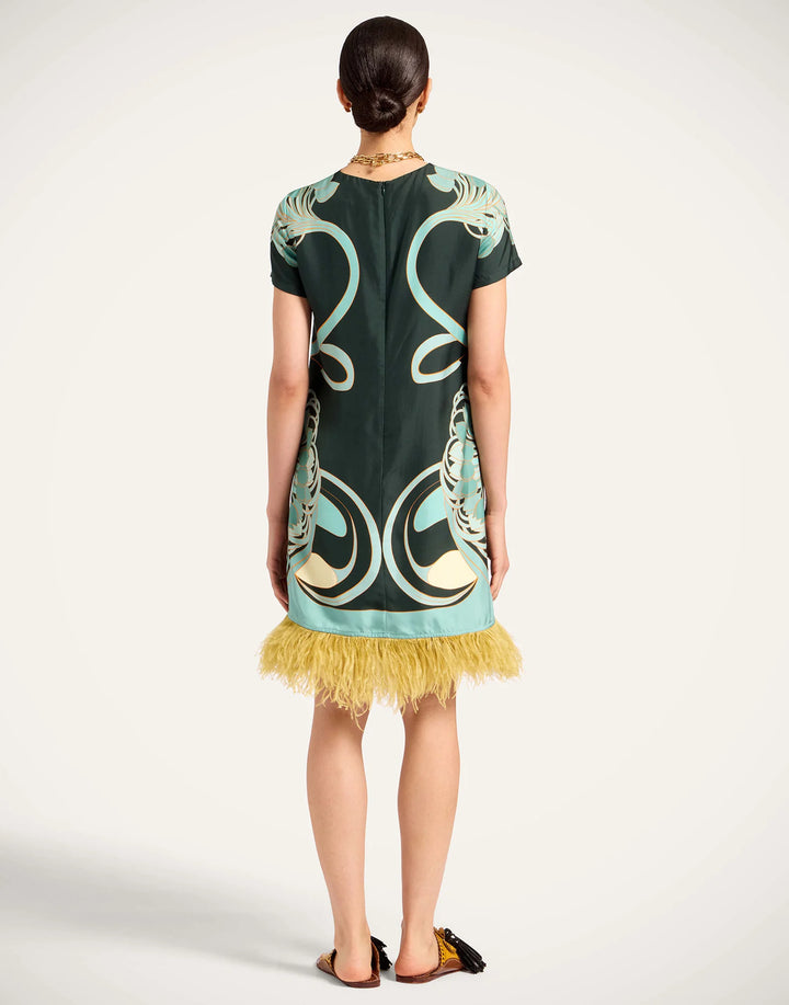 Mini Swing Dress with feathers - Blue Multi