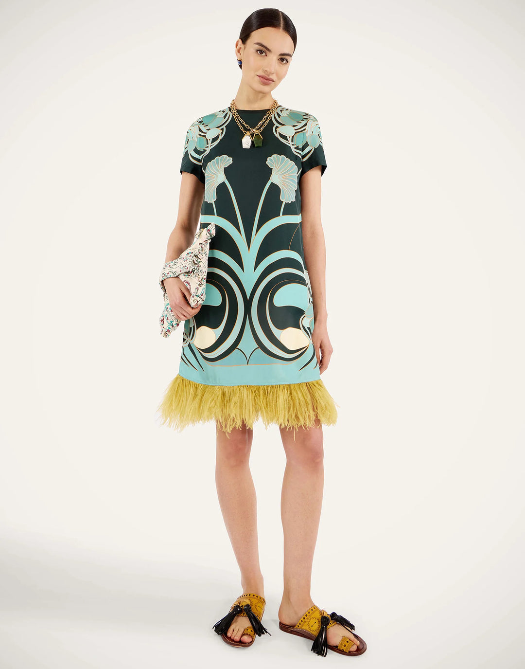 Mini Swing Dress with feathers - Blue Multi