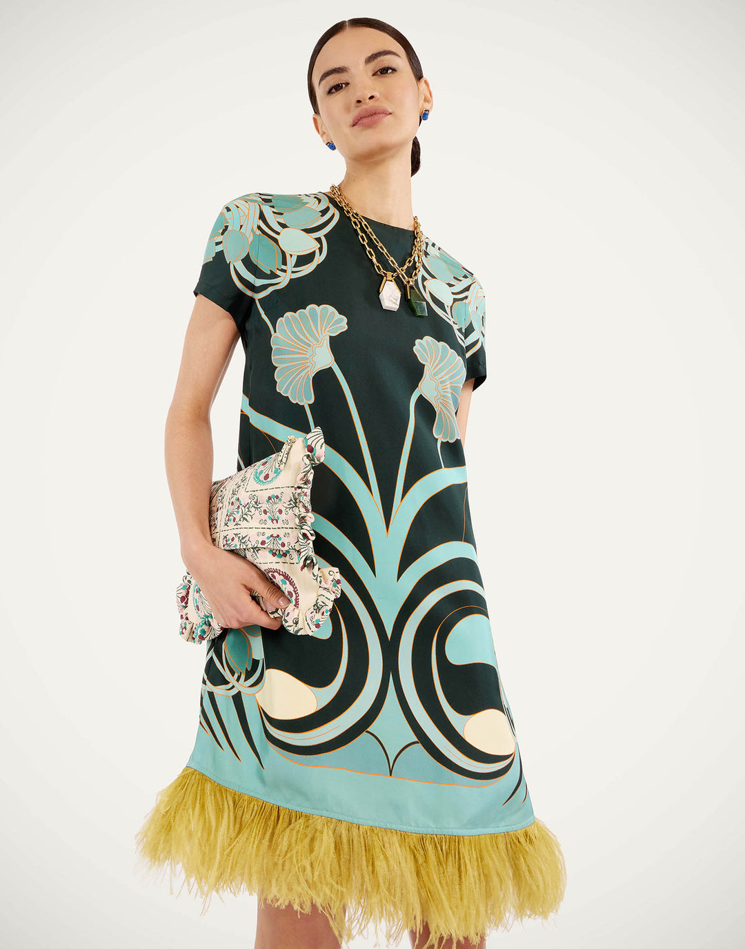 Mini Swing Dress with feathers - Blue Multi