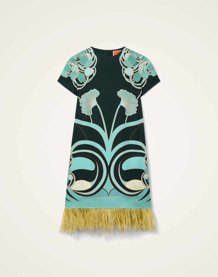 Mini Swing Dress with feathers - Blue Multi