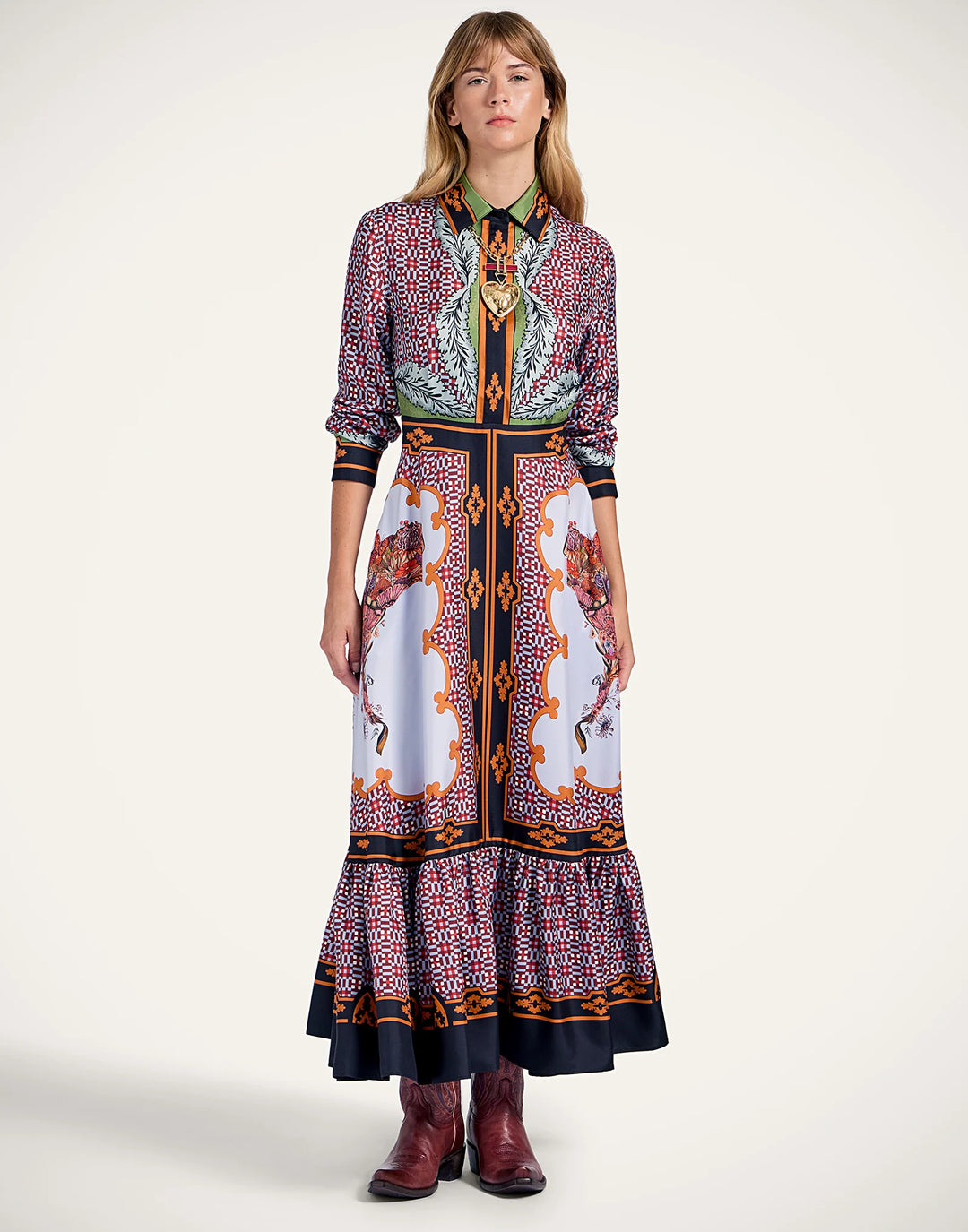 Long Sleeves San Pietro Dress - Mariposa Placée Celeste in Silk Twill