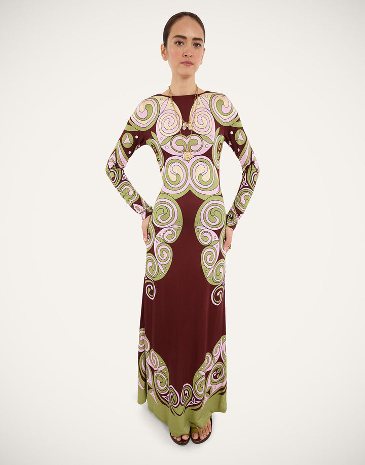 Slinky Mini Swing Dress -  Kells Swirl Placée Burgundy