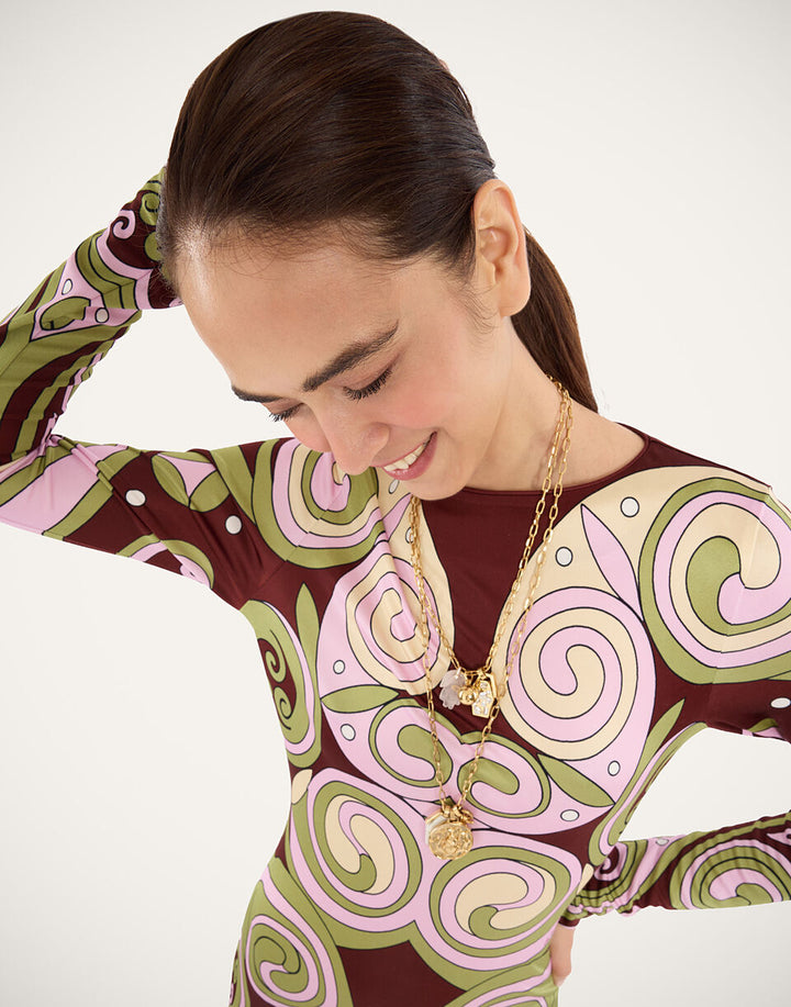 Slinky Mini Swing Dress -  Kells Swirl Placée Burgundy