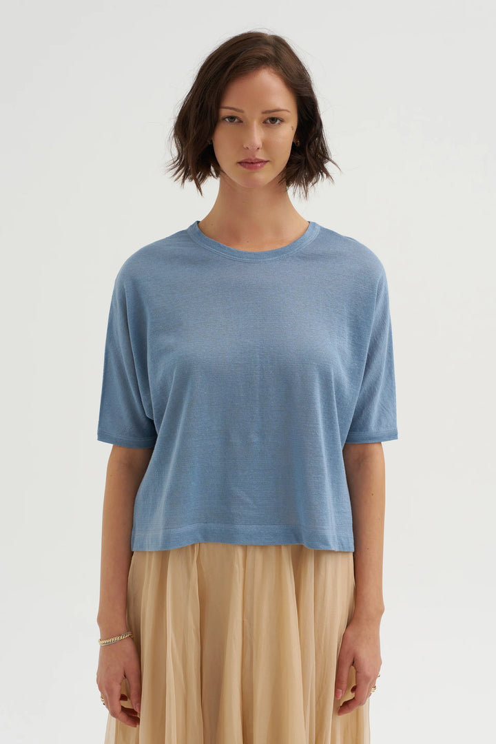 Crew Neck Knit T-shirt - Light Blue