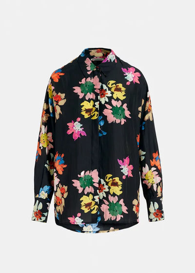 Black Silk Shirt with Floral Print