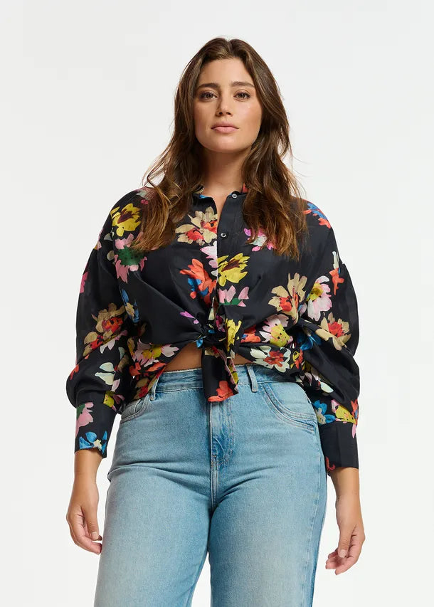 Black Silk Shirt with Floral Print