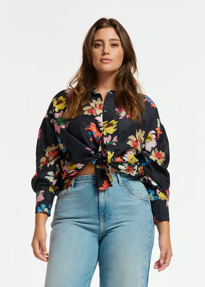 Black Silk Shirt with Floral Print