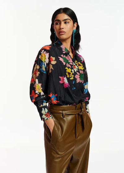 Black Silk Shirt with Floral Print