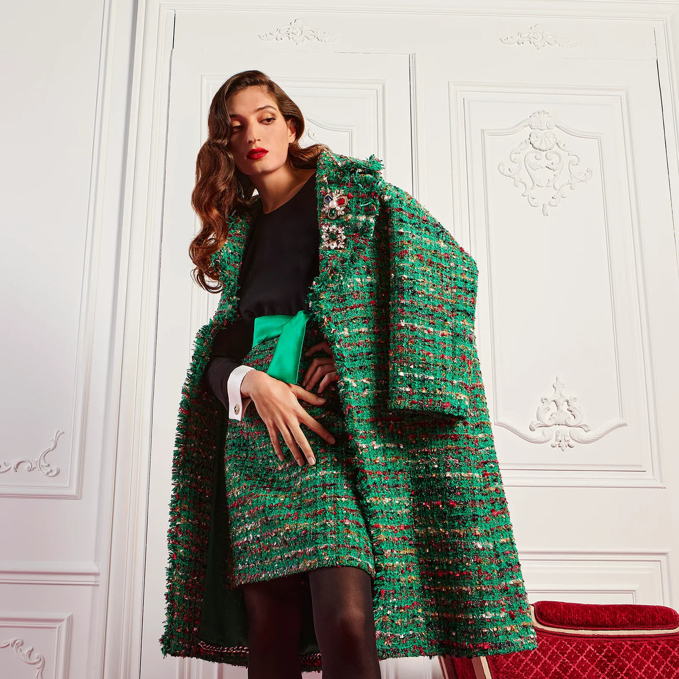 Trapeze Dress in Tweed and Satin Bow - Black and Green