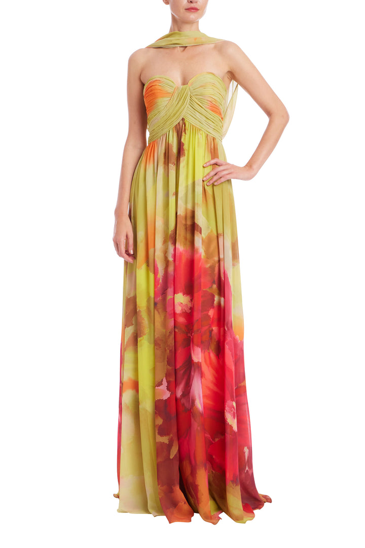 Strapless Floral Chiffon Gown - Orange