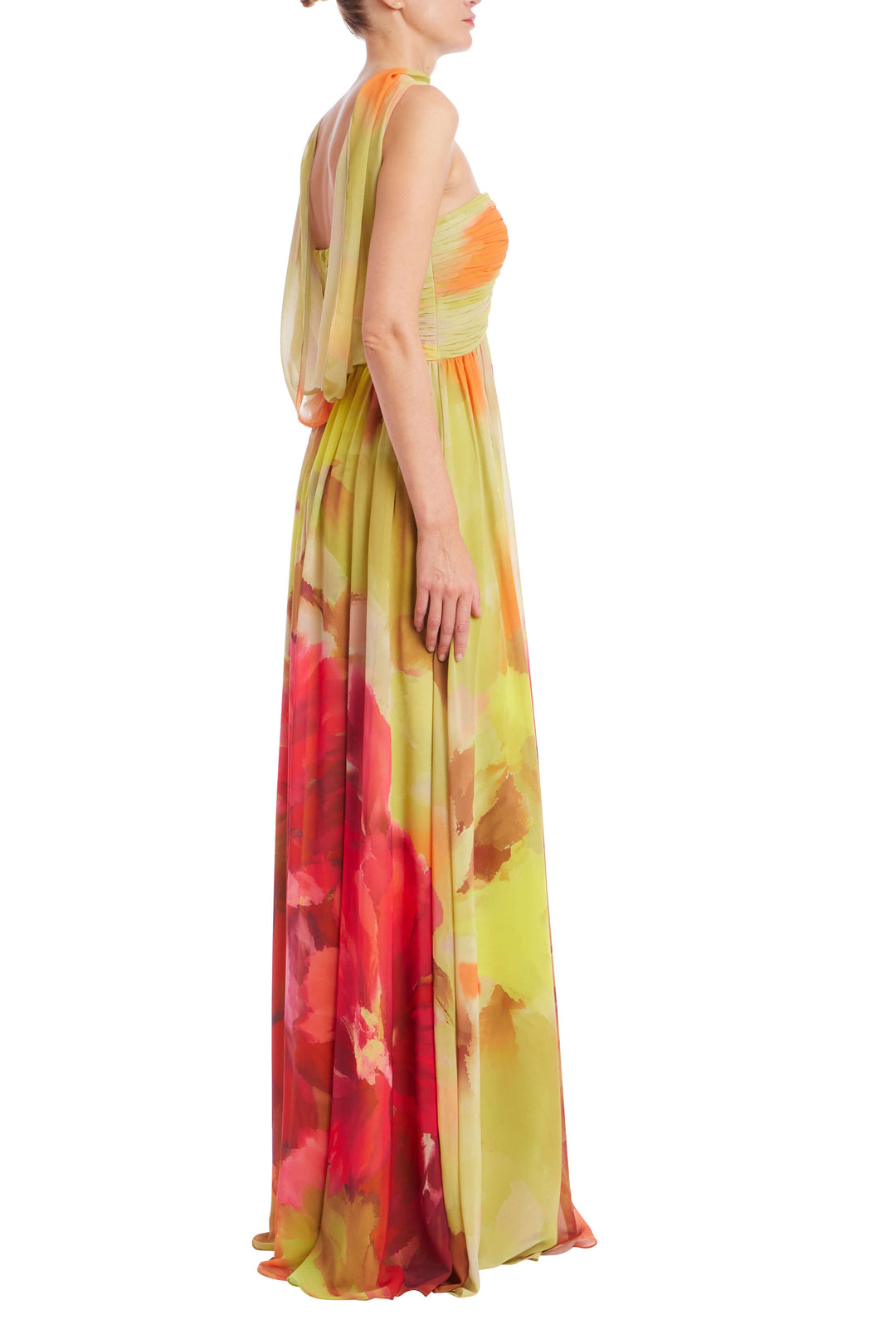 Strapless Floral Chiffon Gown - Orange