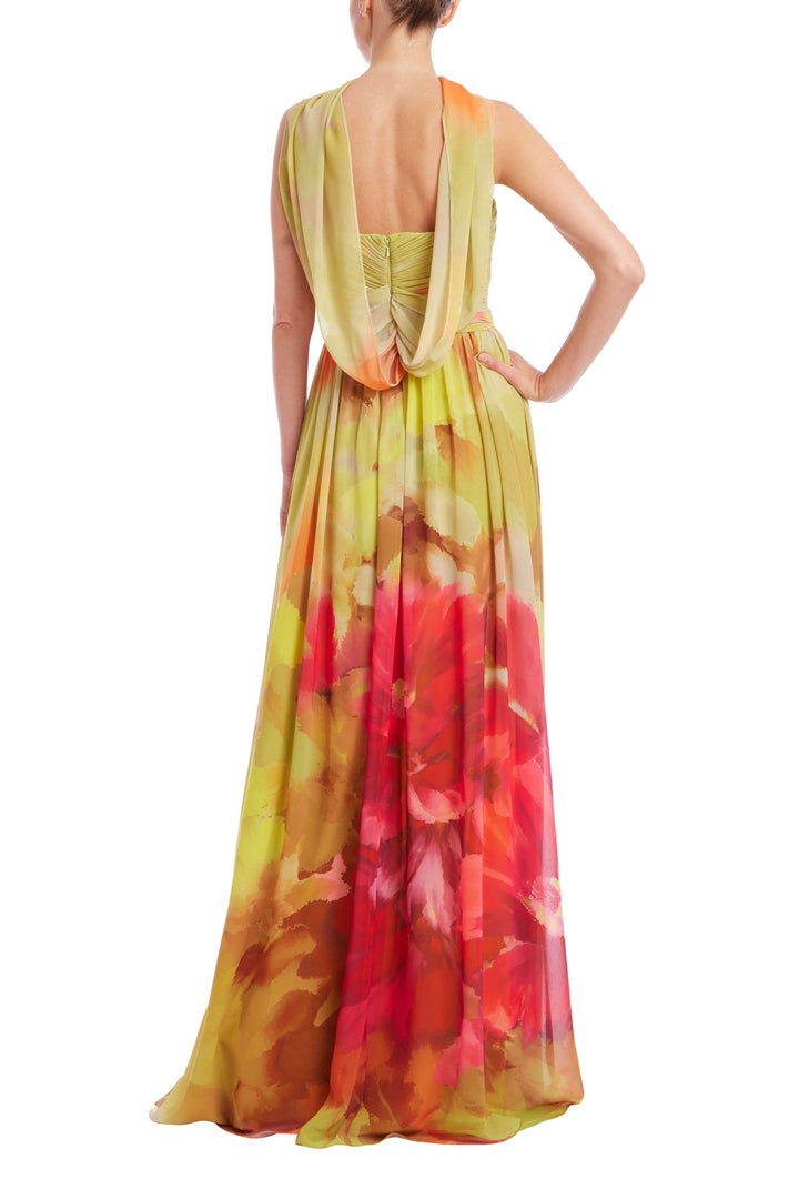 Strapless Floral Chiffon Gown - Orange