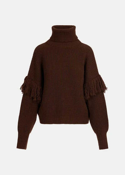 Dark Brown Knit Sweater with Fringe