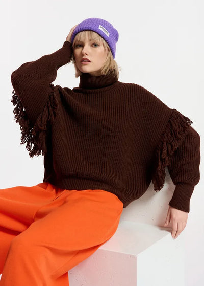 Dark Brown Knit Sweater with Fringe
