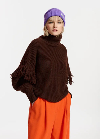 Dark Brown Knit Sweater with Fringe