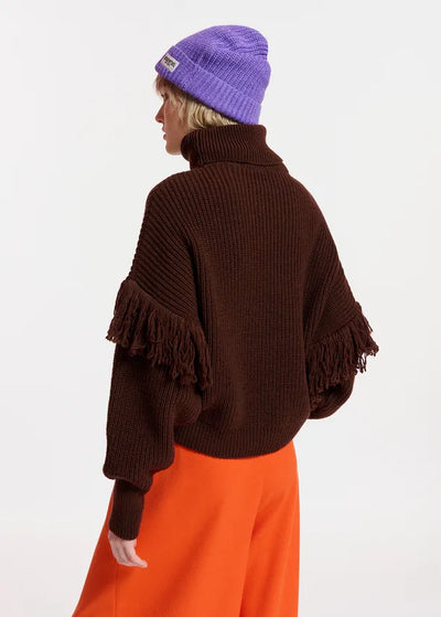 Dark Brown Knit Sweater with Fringe