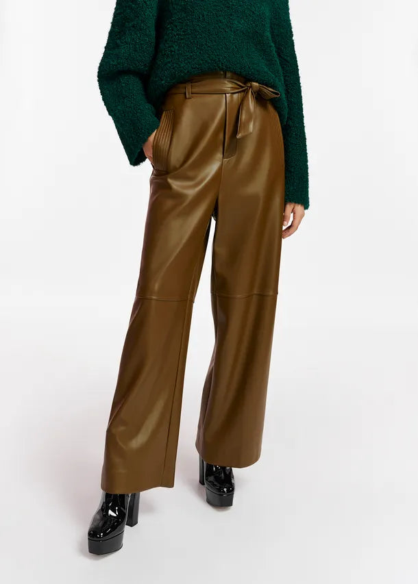 Khaki Faux Belted Leather Pants