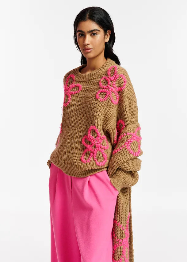 Knit Sweater with Floral Embroidery