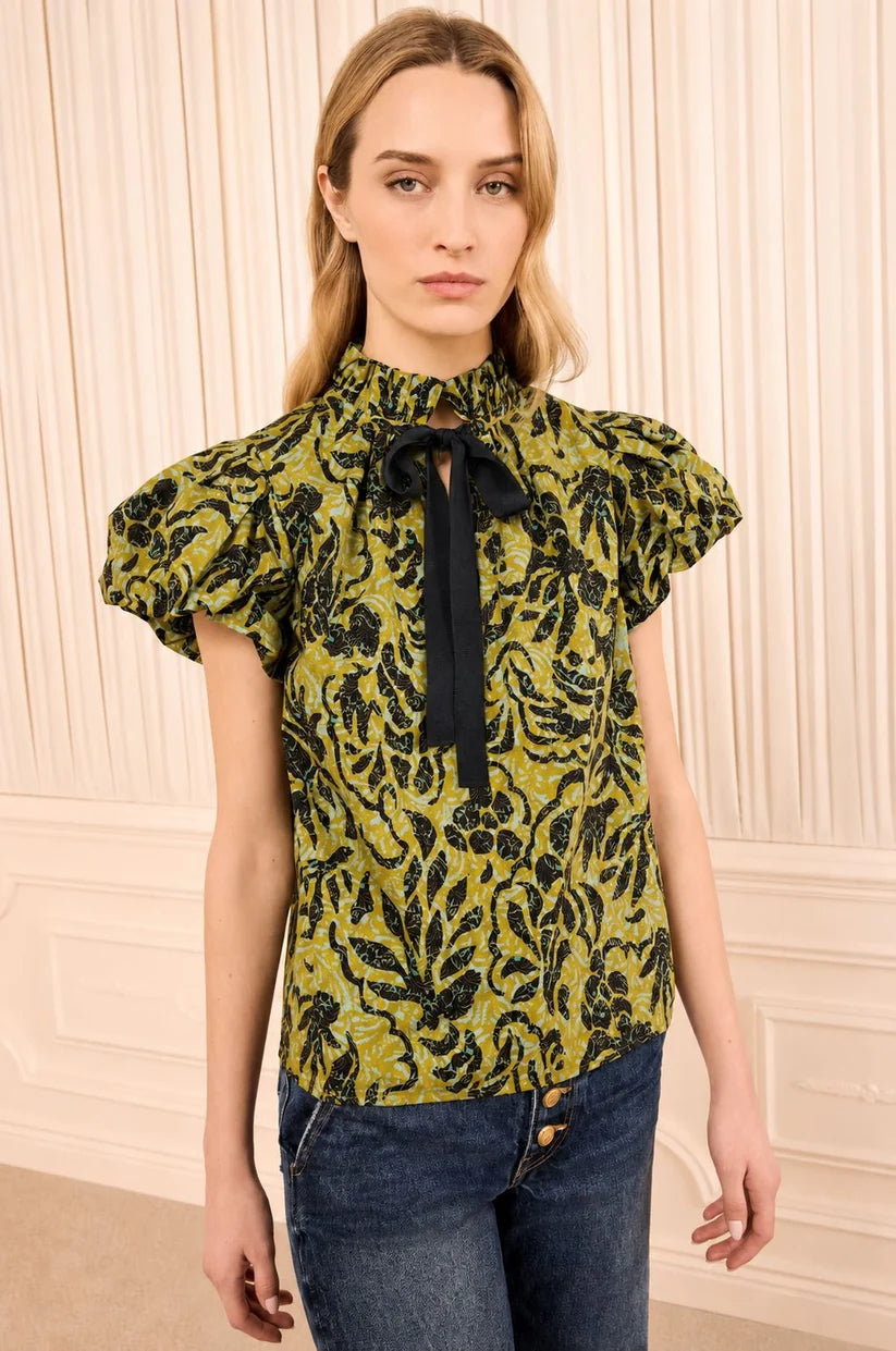 Estela Short Sleeve Cotton Top - Green Multi