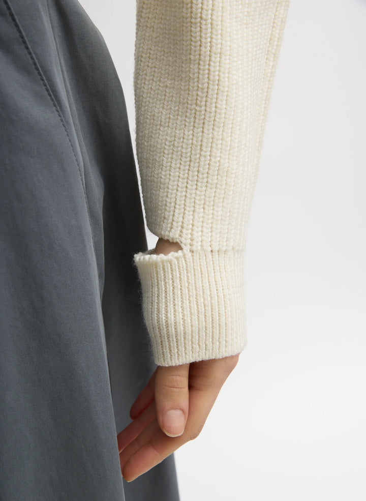 Cardigan Stitch Wool Shrunken Crewneck Pullover - Ivory