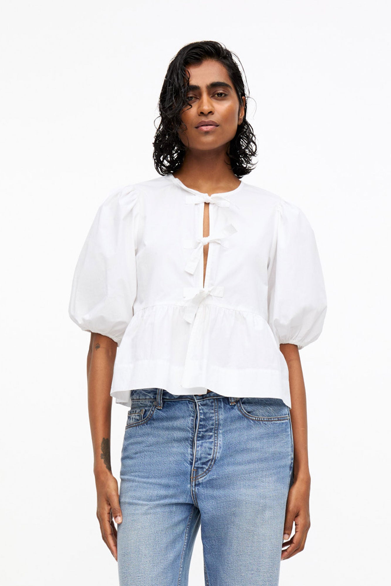 Cotton Poplin Peplum Tie Blouse - More Colors Available