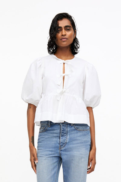 Cotton Poplin Peplum Tie Blouse - More Colors Available