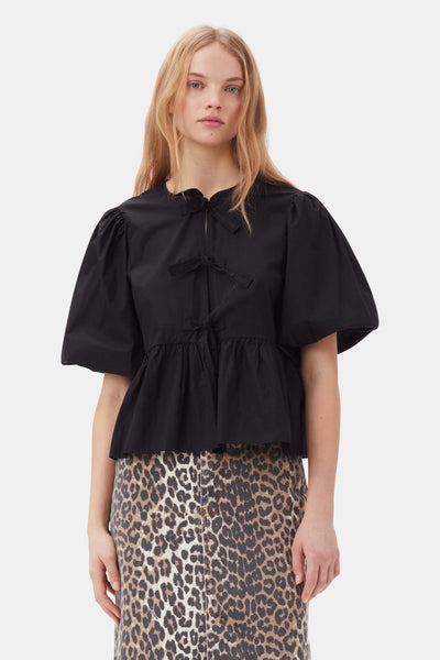 Cotton Poplin Peplum Tie Blouse - More Colors Available