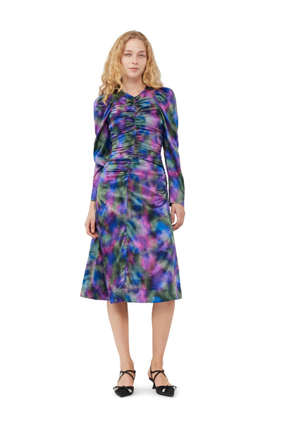 SILK SATIN O-NECK MIDI DRESS - Purple