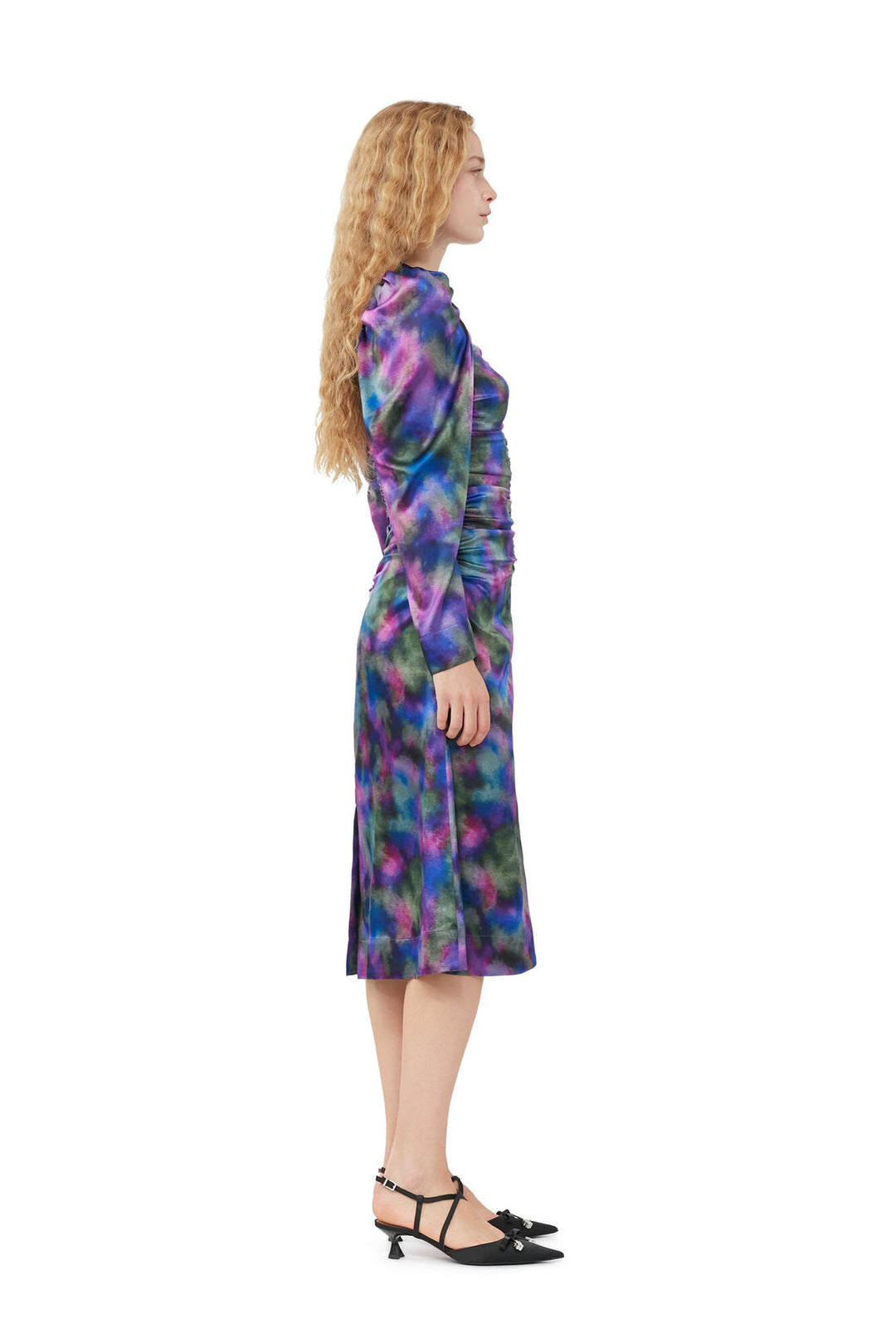 SILK SATIN O-NECK MIDI DRESS - Purple