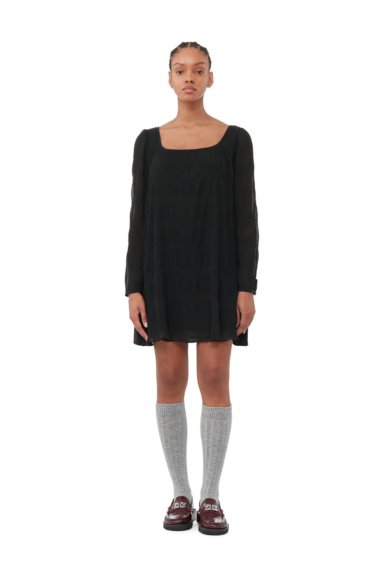 PLEATED GEORGETTE MINI DRESS - Black