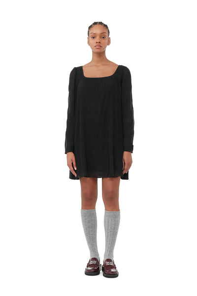 PLEATED GEORGETTE MINI DRESS - Black