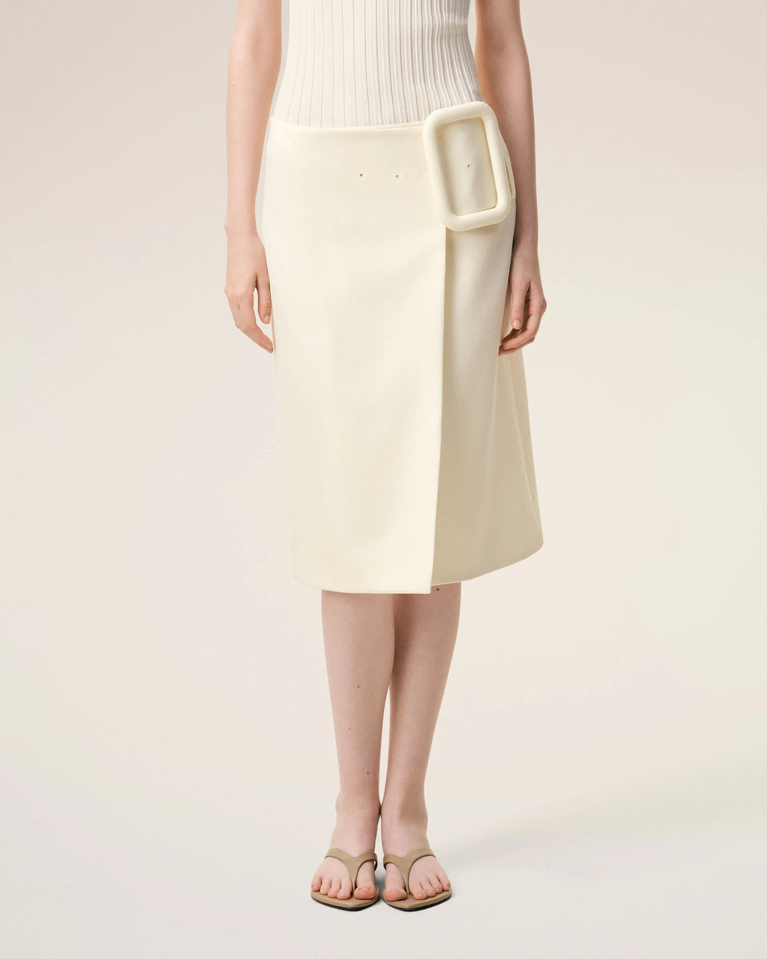 Midi Skirt with Big Buckle Belt - Ivory
