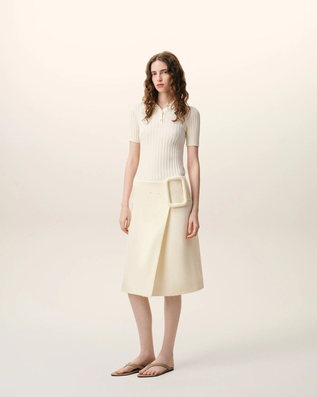 Midi Skirt with Big Buckle Belt - Ivory