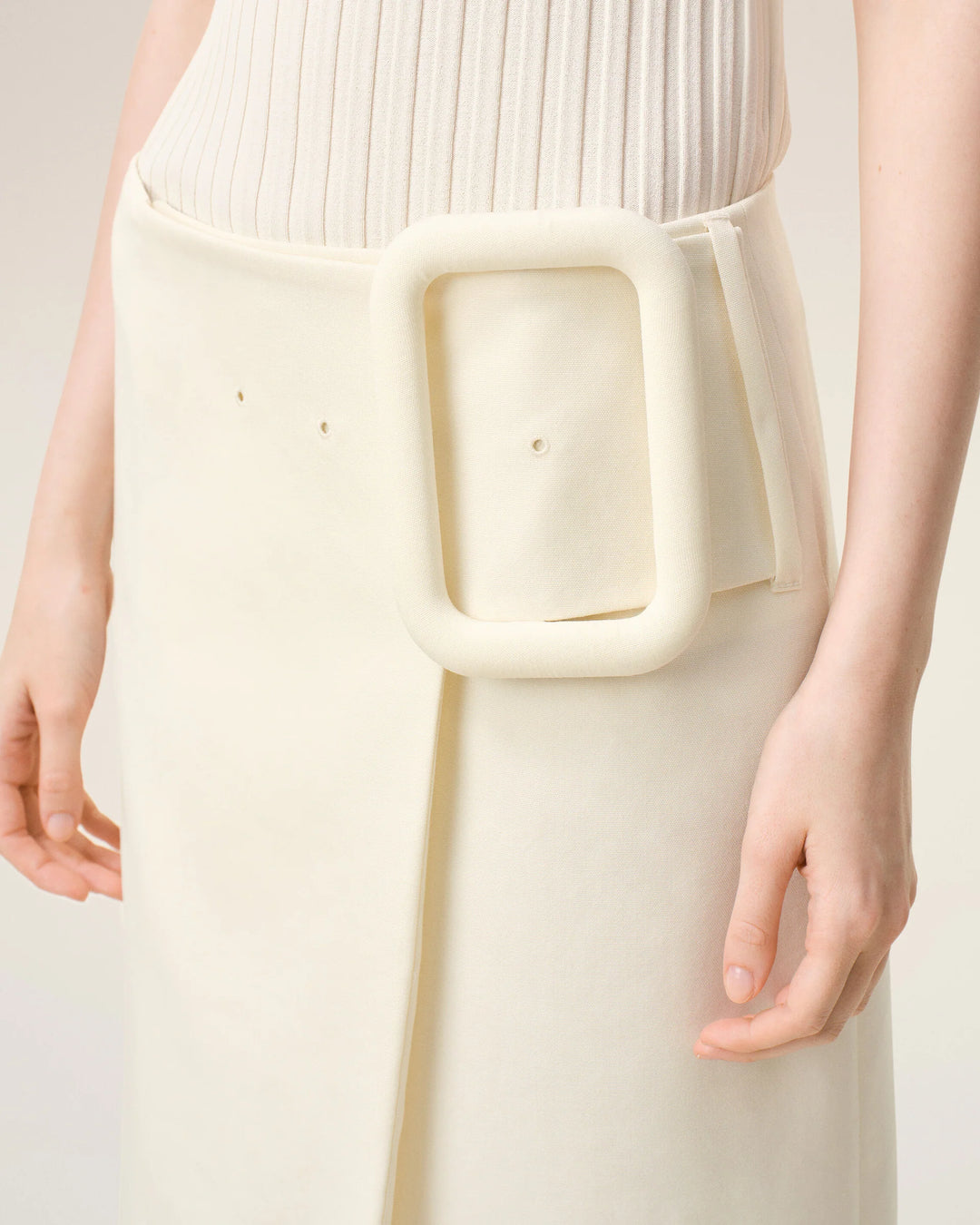 Midi Skirt with Big Buckle Belt - Ivory