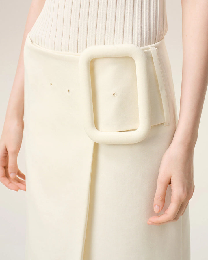 Midi Skirt with Big Buckle Belt - Ivory
