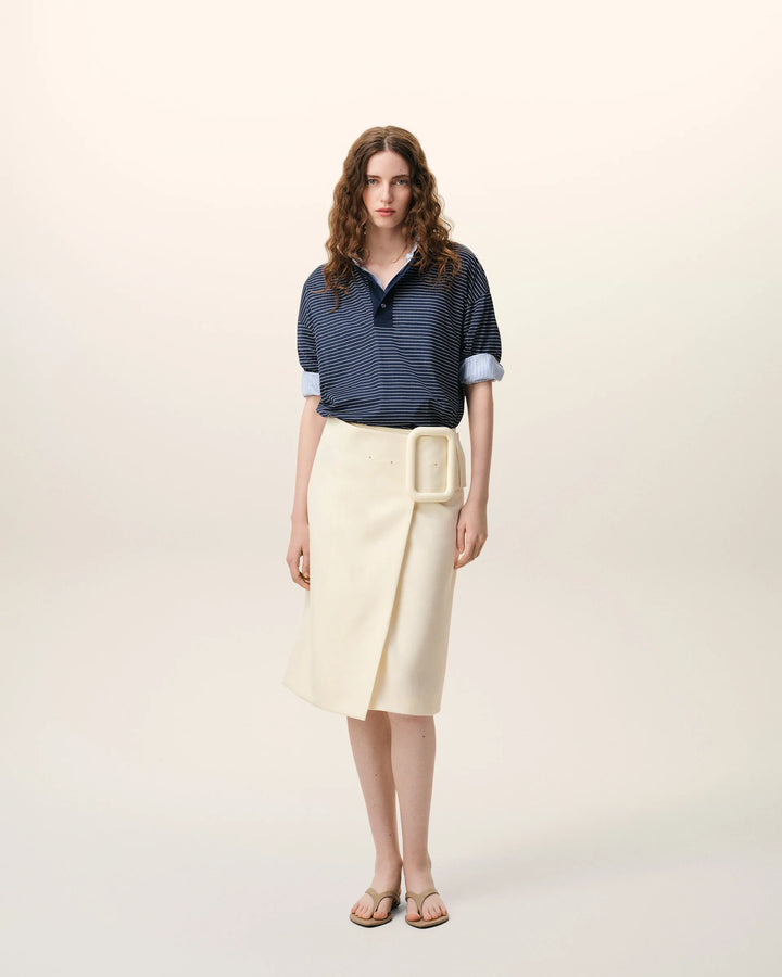 Midi Skirt with Big Buckle Belt - Ivory
