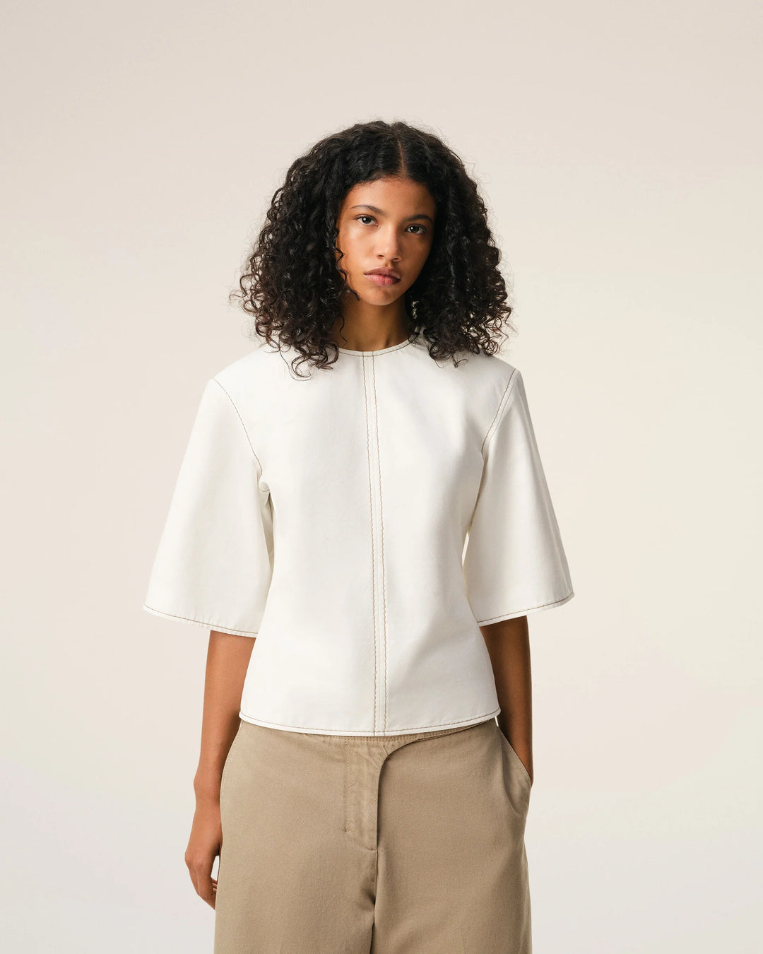 Fitted Top with Topstitches - Ivory