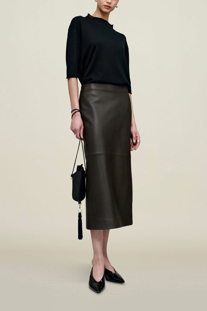 Emilee Pencil Skirt in Lambskin - Brown Lambskin
