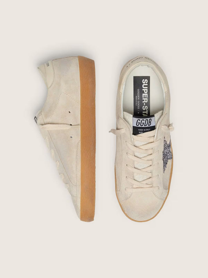 Super-Star Sneaker – Ice Gray Suede & Silver Glitter