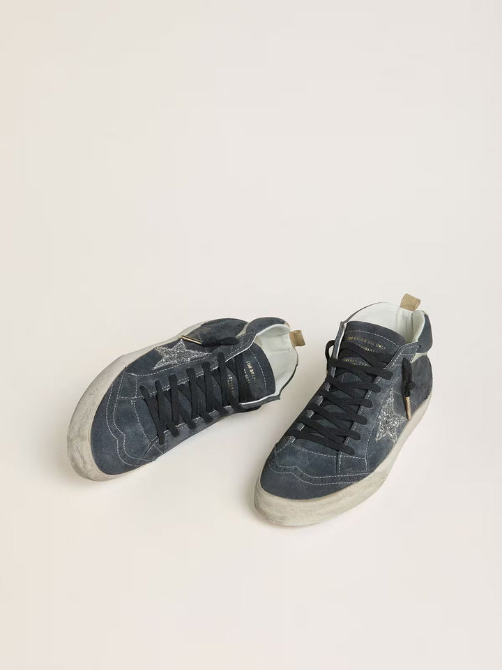 Mid Star in petrol-blue suede with silver glitter star