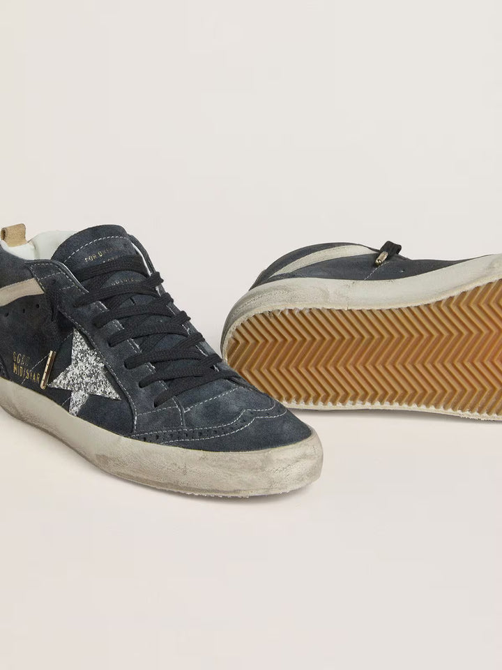 Mid Star in petrol-blue suede with silver glitter star