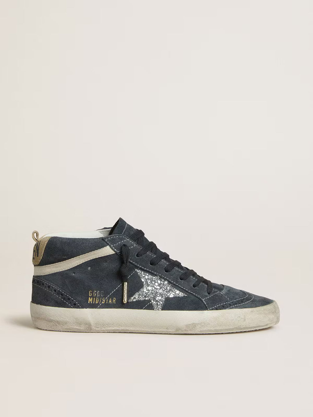 Mid Star in petrol-blue suede with silver glitter star